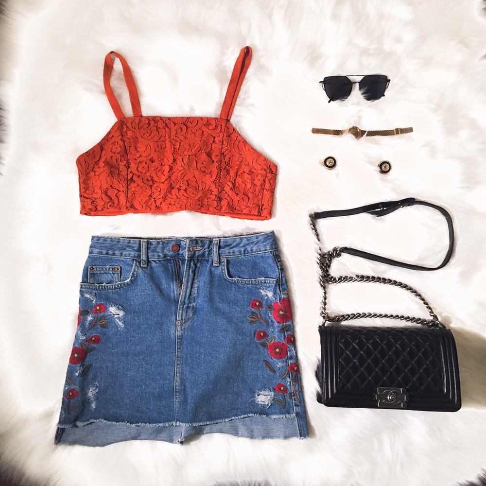 Zara Trafaluc Crop Top Bandeau Top Orange Lace L